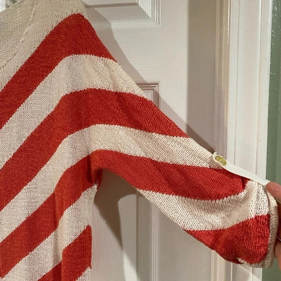 Chicos Womens Sweater 1 Small Chevron Stripe Coral Salmon Ivory Roll-Tab Dolman - Picture 5 of 10